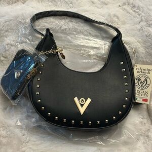 💝 NWT Valentino Orlandi Vegan Leather Black Studded Crescent Shoulder Coin Bag 💝
